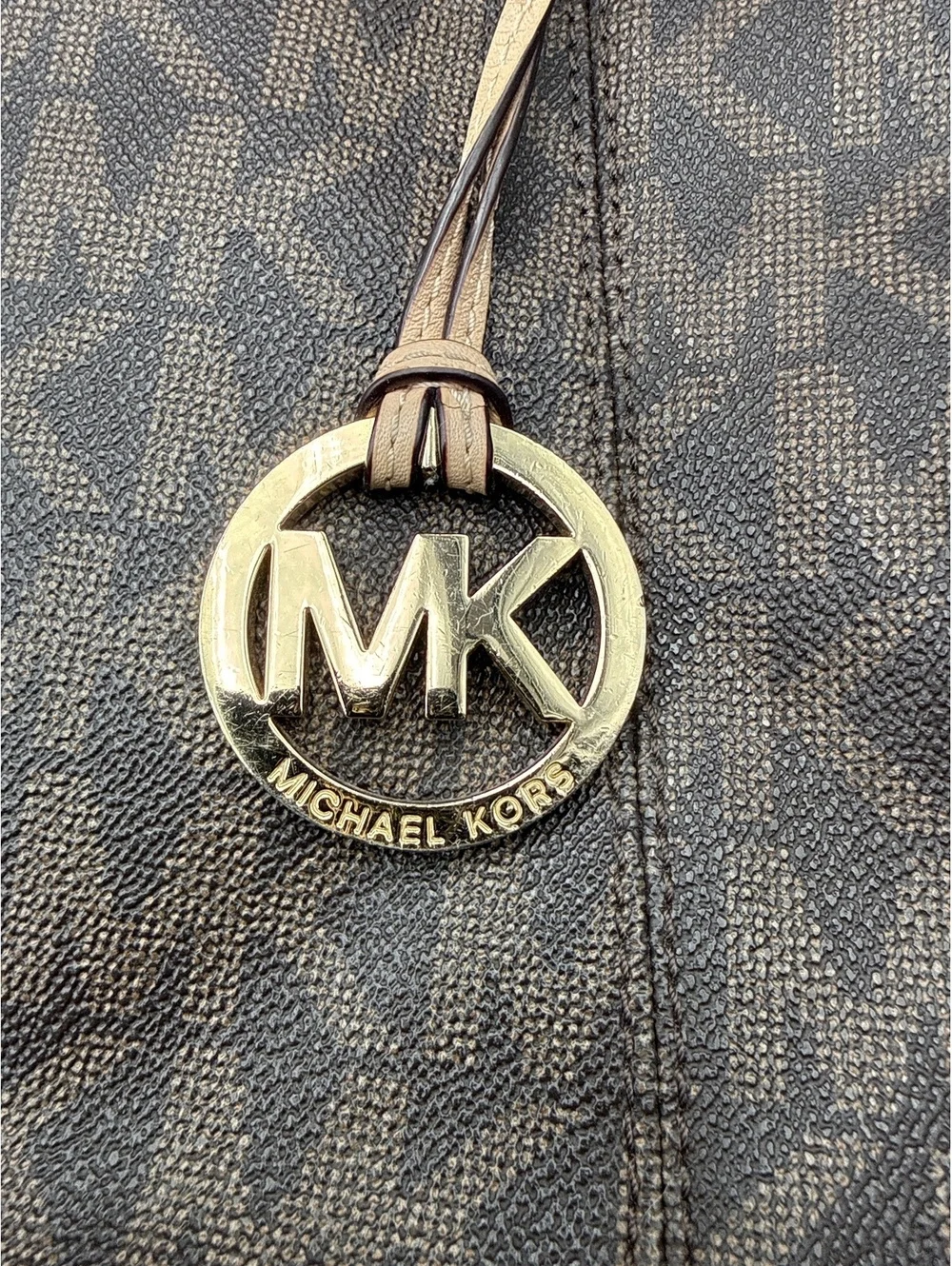 Michael Kors Large Brown MK Logo Tote Bag with Gold Chain